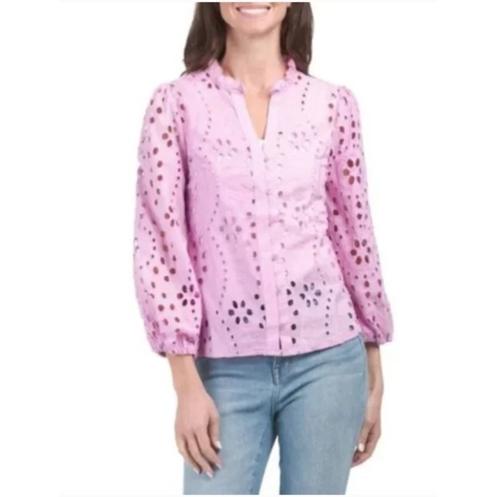 Liv Los Angeles Women's Eyelet Long Sleeve Button Up Cotton Blouse Lavender Medi
